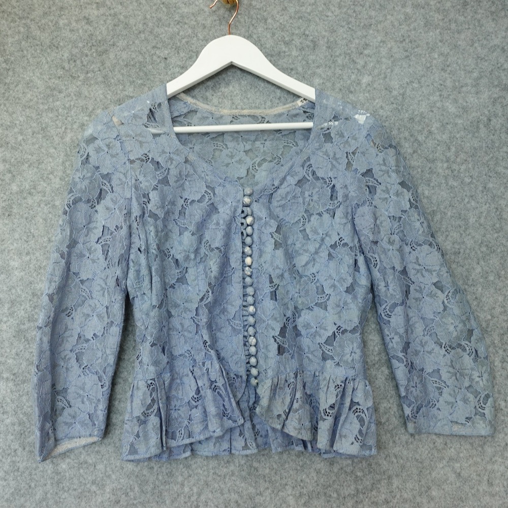 Vintage 1970s Victorian Peplum Top Womens XS Blue Coquette Crop Mesh Lace MOD